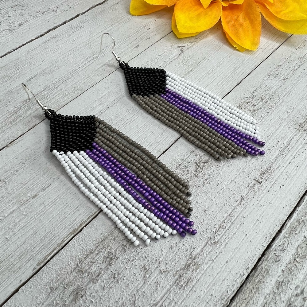 Asexual Seed Bead Earrings 3.75 Inch Demisexual Flag Fringe LGBTQ Pride